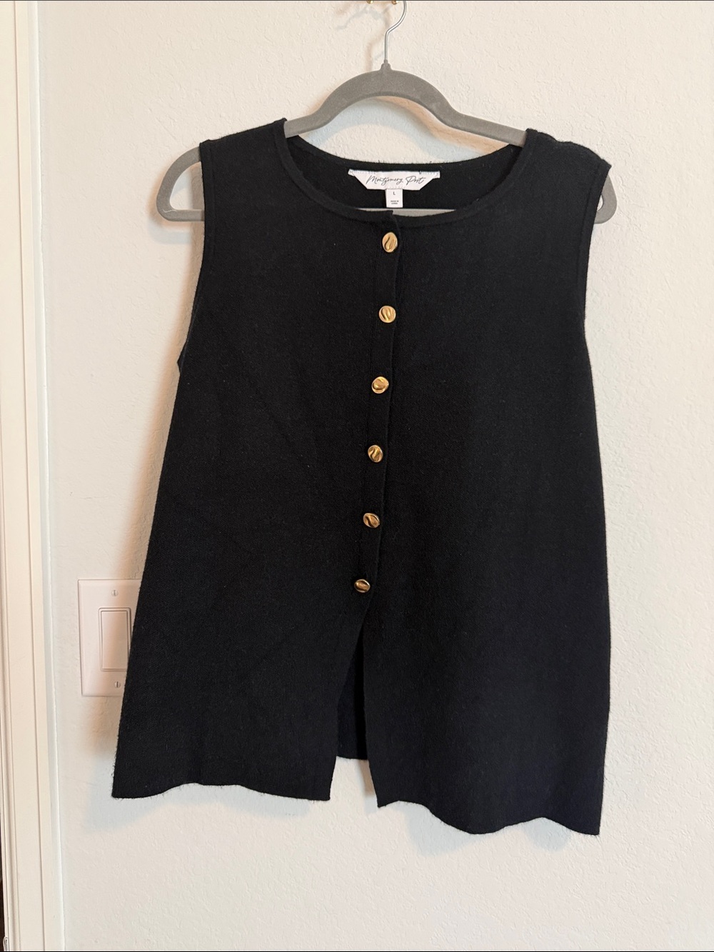 Sleeveless Black Knit Button Front Top with Gold Buttons